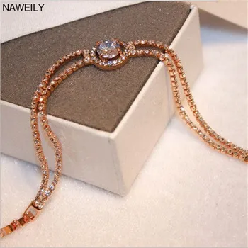 

Luxury Big Cubic Zirconia Bracelet Fashion 2 Layer Rhinestone Chain Bracelets For Women Pulseira Feminina Jewelry NAWEILY NS101