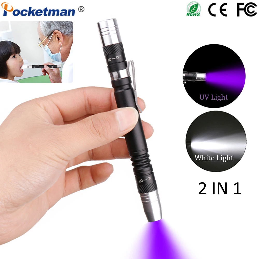 

2 in 1 UV flashlight Multifunctional Portable Pen Flashlight 395nm Ultra Violet Torch White Purple Light Detector Torch Linterna