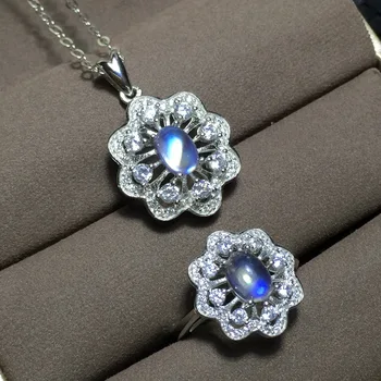 

MeiBaPJ High Quality Natural Opal Gemstone Flower Ring and Necklace 2 Siut for Women Real 925 Sterling Silver Fine Jewelry Set