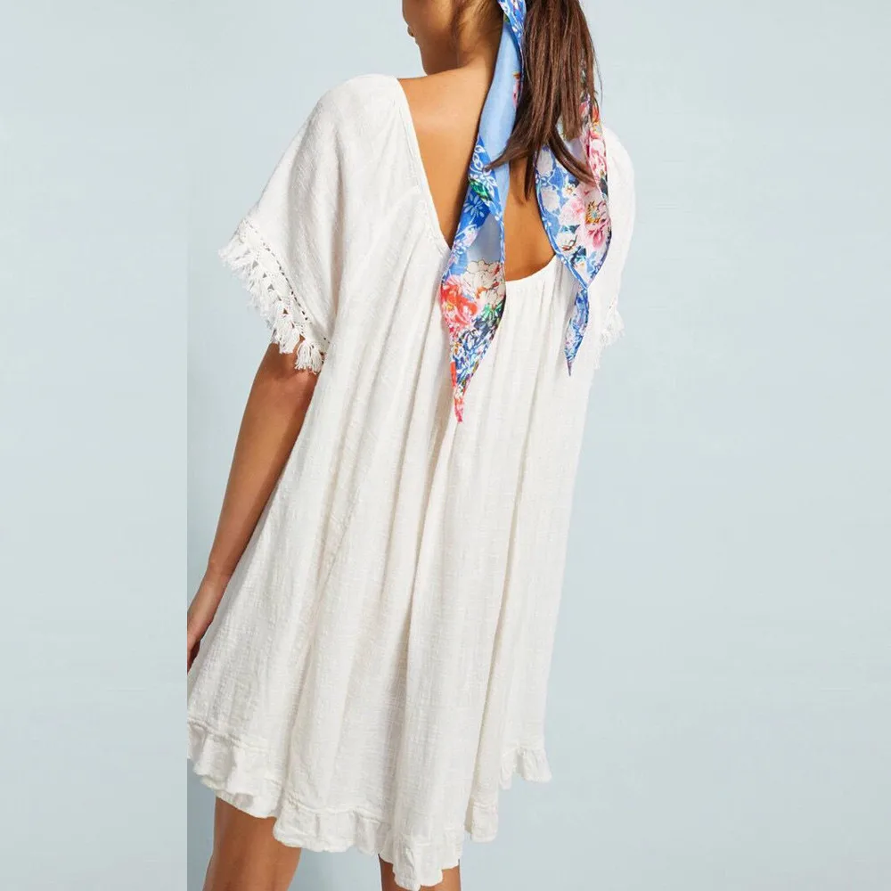 Women Summer Tassels Sloid Bikini Cover Up Ruffle Beach Dress Swimsuit Kaftan Beach Tunics Pareos Cape Smock Robe De Plage