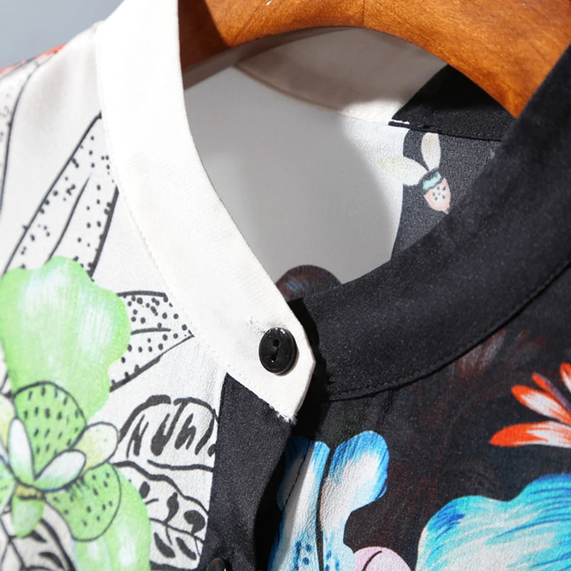Шелковая блузка женская рубашка асимметричный дизайн принт о-образный вырез длинный рукав легкая ткань Топ Новая мода весна