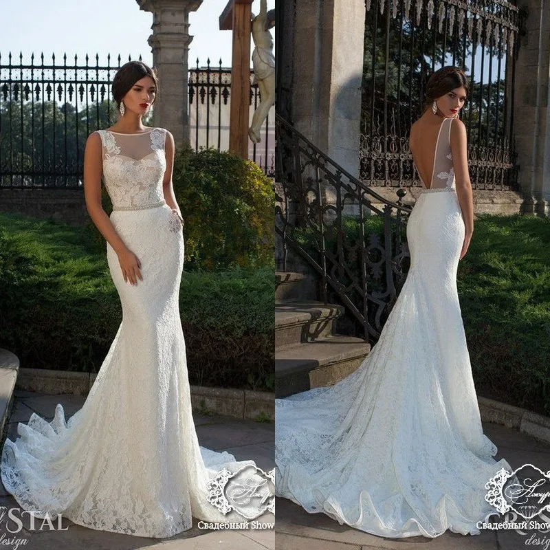 

2016 Beautiful Mermaid Wedding Dresses Bateau Neck Floor Length Court Train Backless Lace Bridal Gown EM04322