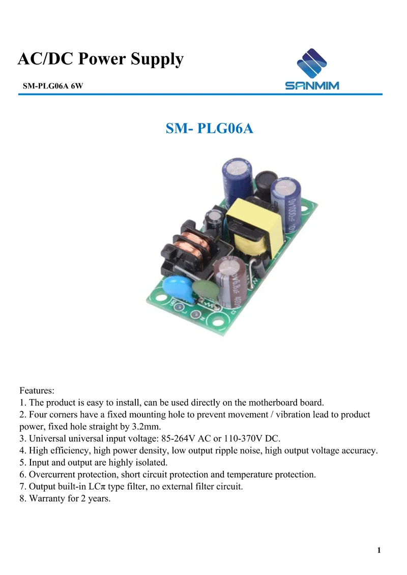 SANMIN AC220V в DC5V 1A 5 Вт блок питания изолированный импульсный модуль питания 220 В до 5 В голая плата PLG06A5V X7756