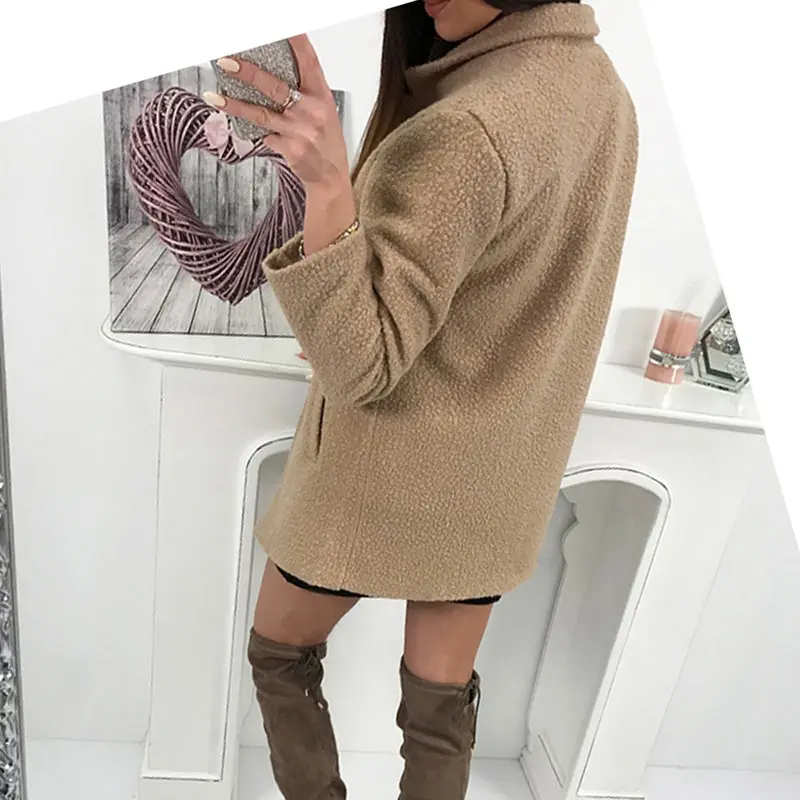 Women Winter Woolen Coat Autumn Casual Solid Color Long Sleeve Pocket Single-Breasted Suit Collar Pink Long Coat Abrigos Fashion (8)