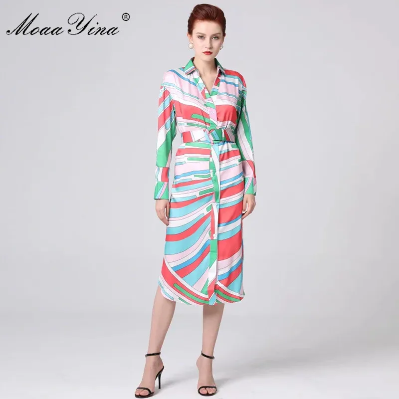 

MoaaYina High Quality Fashion Designer Runway dress Spring Autumn Women Dress Long sleeve Belt Stripe Dresses
