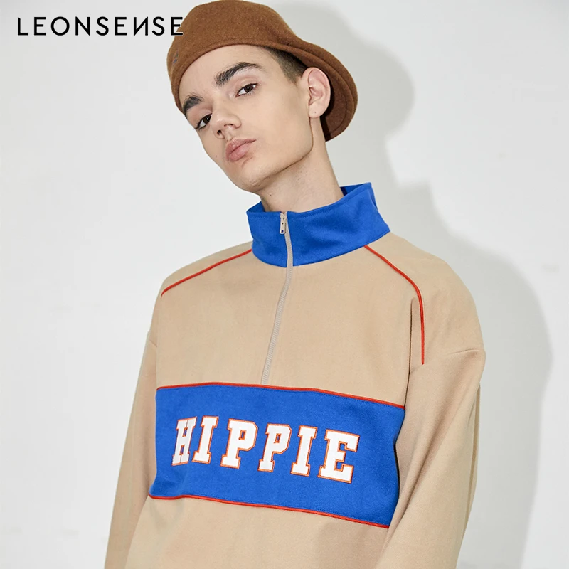 LEONSENSE High collar Zip Front Cut Embroidery letters men's Sweatshirt Athleisure Stand Collar Raglan Sleeve winter Pullovers