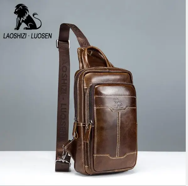 LAOSHIZI бренд Натуральная кожа Мужская сумка почтальон Повседневная сумка через плечо модная мужская сумка мужская нагрудная сумка мужская сумка через плечо - Цвет: Коричневый