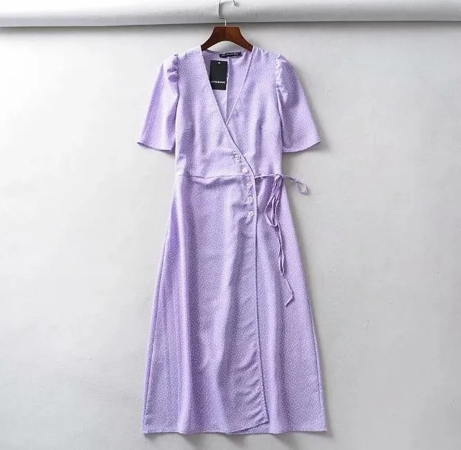 Фиолетовое платье-рубашка в горошек, женское летнее длинное платье со шнуровкой на талии, платье с коротким рукавом и v-образным вырезом, сарафан для отпуска - Цвет: Фиолетовый