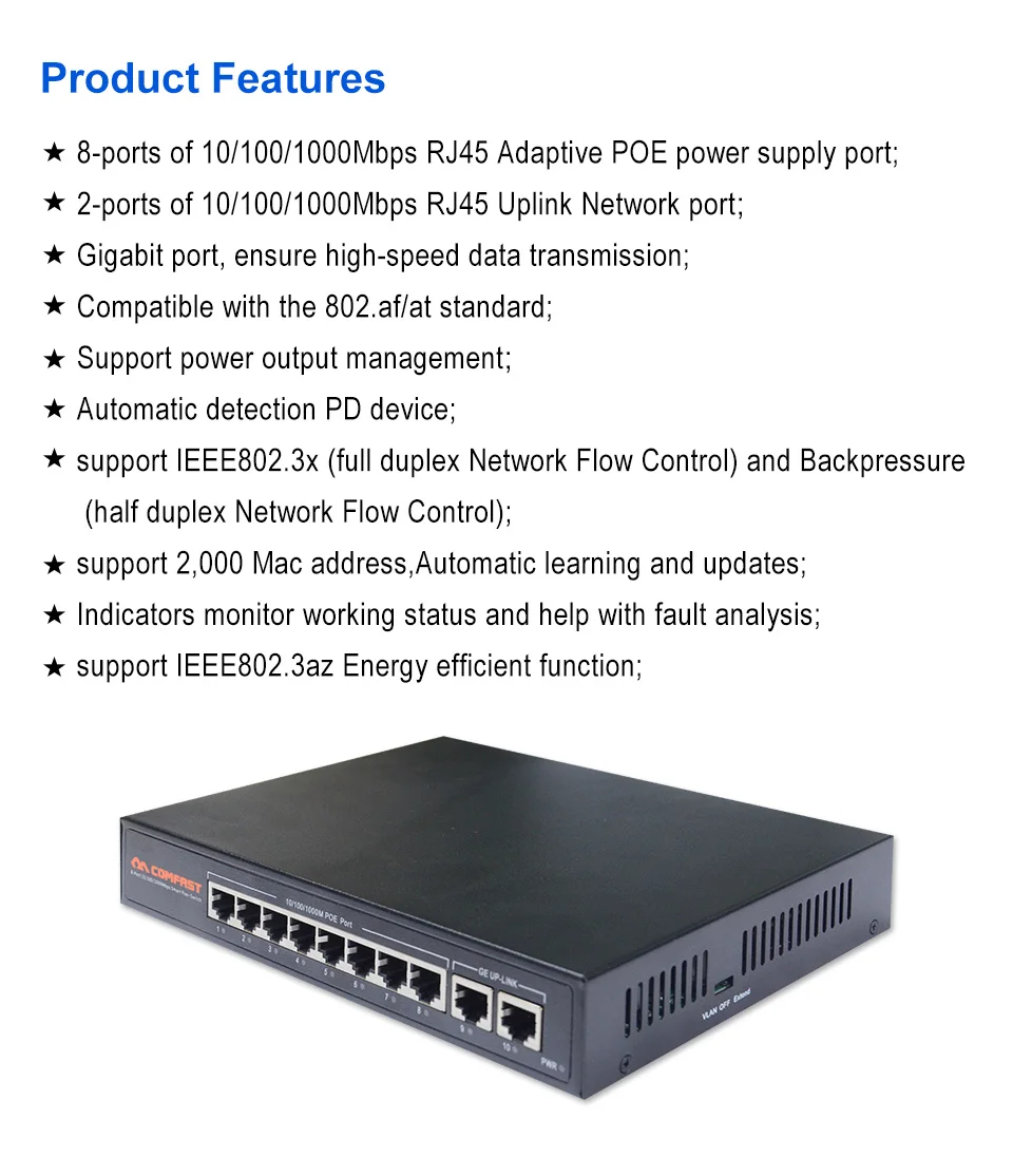 Comfast 10 портов 10/100/1000 Мбит/с RJ45 гигабитный коммутатор POE уровня предприятия 802.af/ на 20 Гбит/с широкая ширина Ethernet сетевой коммутатор