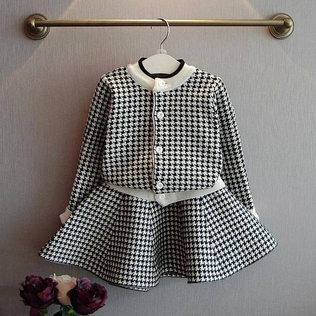 Baby Girls Clothing Sets Plaid Knitting Cardigan Jacket And Skirt Cute
