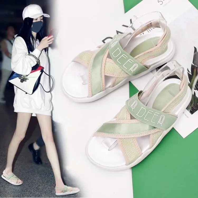 

Luxury Shoes Women Designers Printing Letter Light Green Pink Cross Buckle Sandalias Mujer Peep Toe Back Strap Womens Flats New