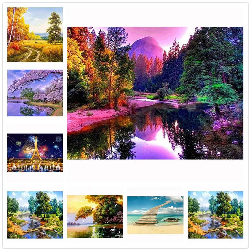 

D SH 5D DIY Diamond Painting Streamside Forest Scenery Diamond Embroidery Rhinestone Cross Stitch Mosaic Home Decor