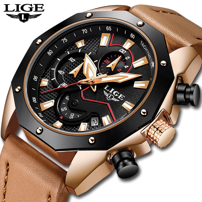 

2018 LIGE Mens Watches Top Brand Luxury Military Sports Watch Men's Casual Leather Waterproof Quartz Watch Relogio Masculino+Box