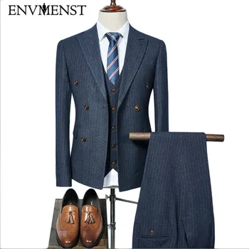

Envmenst Jacket + Pant + Vest New Men Smart Casual Slim Suits Sets Double Breasted Three-piece Suit Blazers Coat Trousers Coats