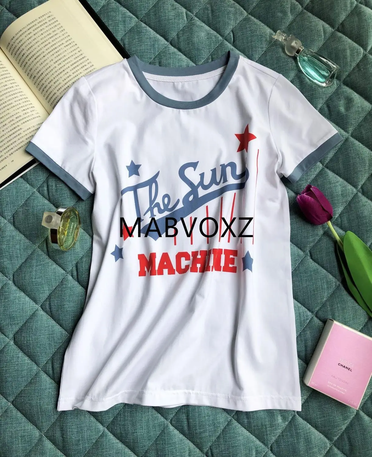 

Women White Cotton T-shirt 2019 New Letter Print Short Sleeve Neck Patchwork Summer Fresh T Shirt