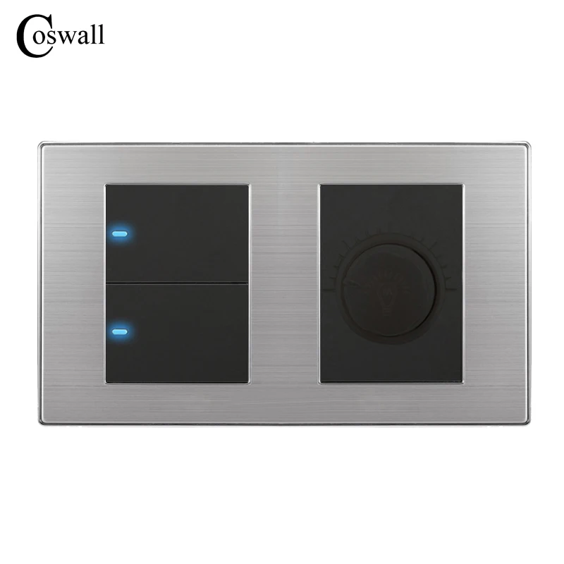 

Coswall Manufacturer 2 Gang 1 Way Luxury LED Light Switch On / Off Wall Switch With Dimmer Stainless Steel Panel 160mm*86mm