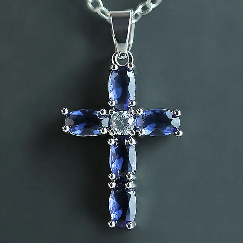 

New Blue Zircon Cross Item Oval Crystal Inlay Pendant Necklace Fashion Jewelry Top Quality Temperament Women Best Gift Jewelry