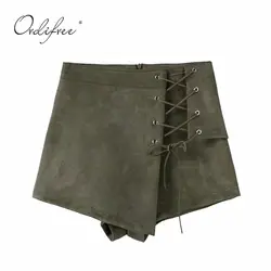 Ordifree 2018 осень Для женщин шорты юбки Высокая Талия Мини-шорты Армейский зеленый пикантные черные из замши на шнуровке шорты