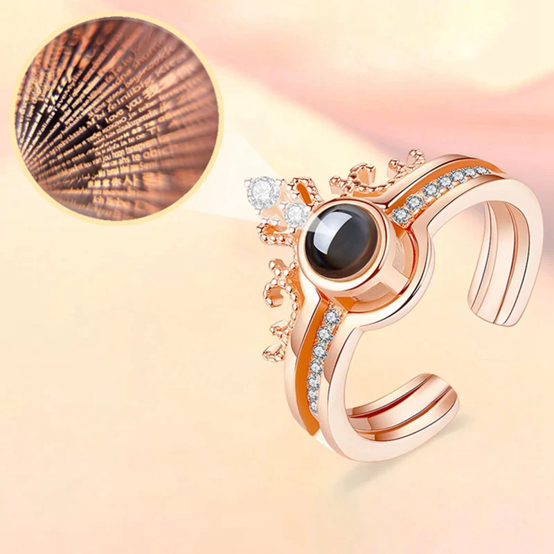 

New Creative Fashion Jewelry Rose Gold&Silver 100 Languages I Love You Projection Ring Romantic Love Memory Wedding Ring Jewelry