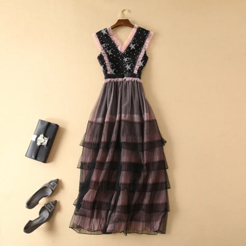 

Women's Sleeveless Casual Dresses Fashion 2019 Summer Dress Five-pointed Star Embroidered Vintage Long Mesh Dress