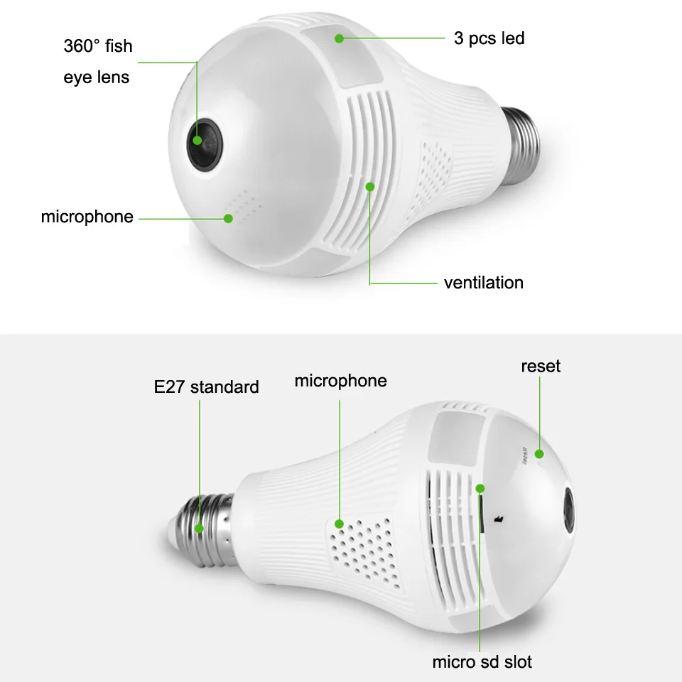 1080P панорамная камера WiFi 2.0MP рыбий глаз IP камера наблюдения для безопасности 360 ° белая ночная лампа видения