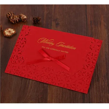 

50pcs Red Laser Cut Wedding Invitations Card Butterfly Flower Greeting Card with Ribbon Envelopes Wedding Party Favor Decoration