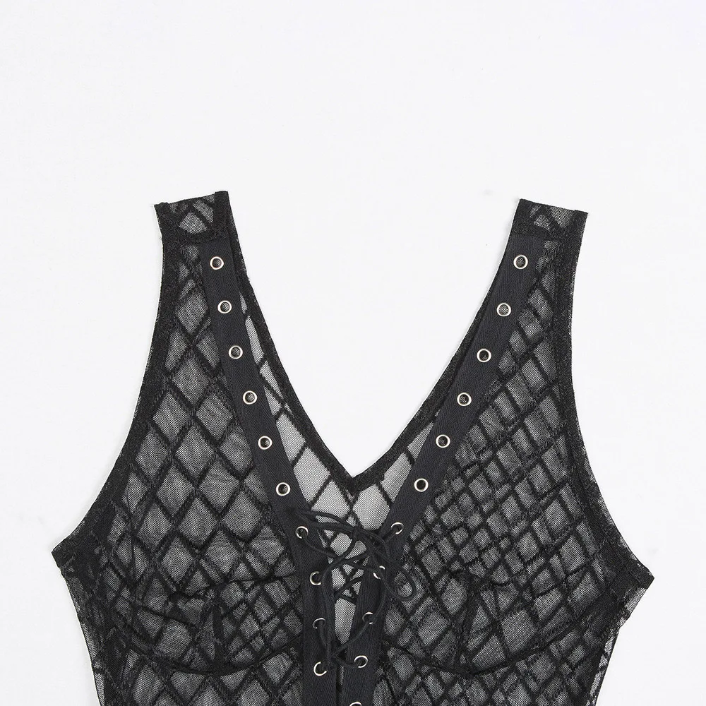Rosetic Gothic Black Bodysuits Deep V-Neck Hollow Mesh See-Through Patchwork Lace-Up Fishnet Shorts Skinny Sexy Women Rompers Rosetic Gothic Black Bodysuits Deep V-Neck Hollow Mesh See-Through Patchwork Lace-Up Fishnet Shorts Skinny Sexy Women Rompers