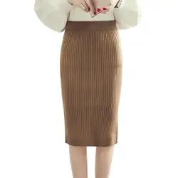 Пикантные однотонные Цвет Юбки-карандаши Для женщин шерсть вязаная юбка посылка бедра Высокая талия юбка