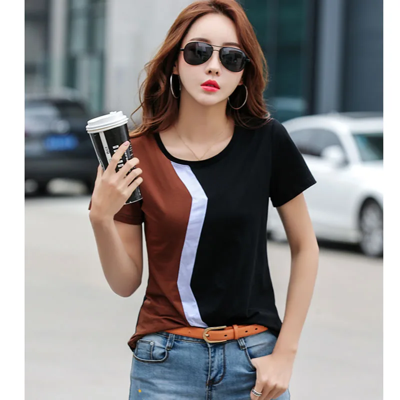 

Plus Size Women Summer T-shirt Harajuku Ladies Shirt Casual Short Sleeve O-neck Patchwork Korean Style Tops Street Wear Tees