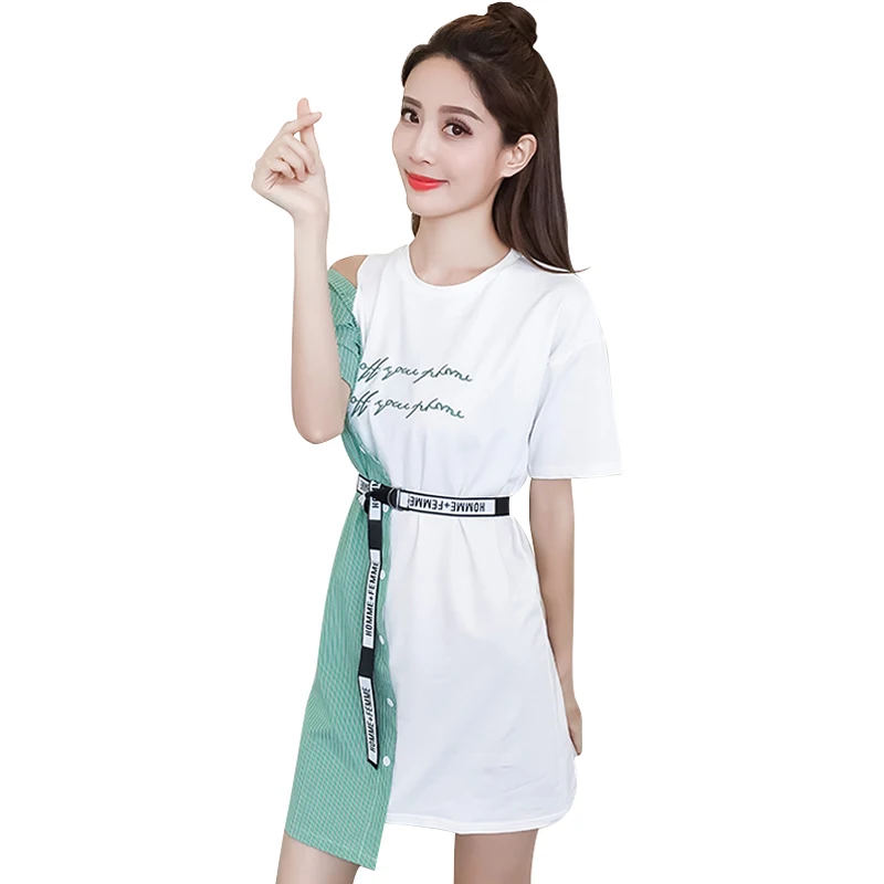 

Printed Striped Asymmetrical Summer Dress Women Long T-shirt Mini Shirt Dresses Female Short Sleeve Casual Clothes