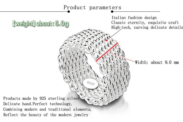 Новая мода, широкое серебряное кольцо для женщин, одноцветное 925 пробы Серебряное кольцо, плетеное Сетчатое кольцо, персонализированное серебряное ювелирное изделие