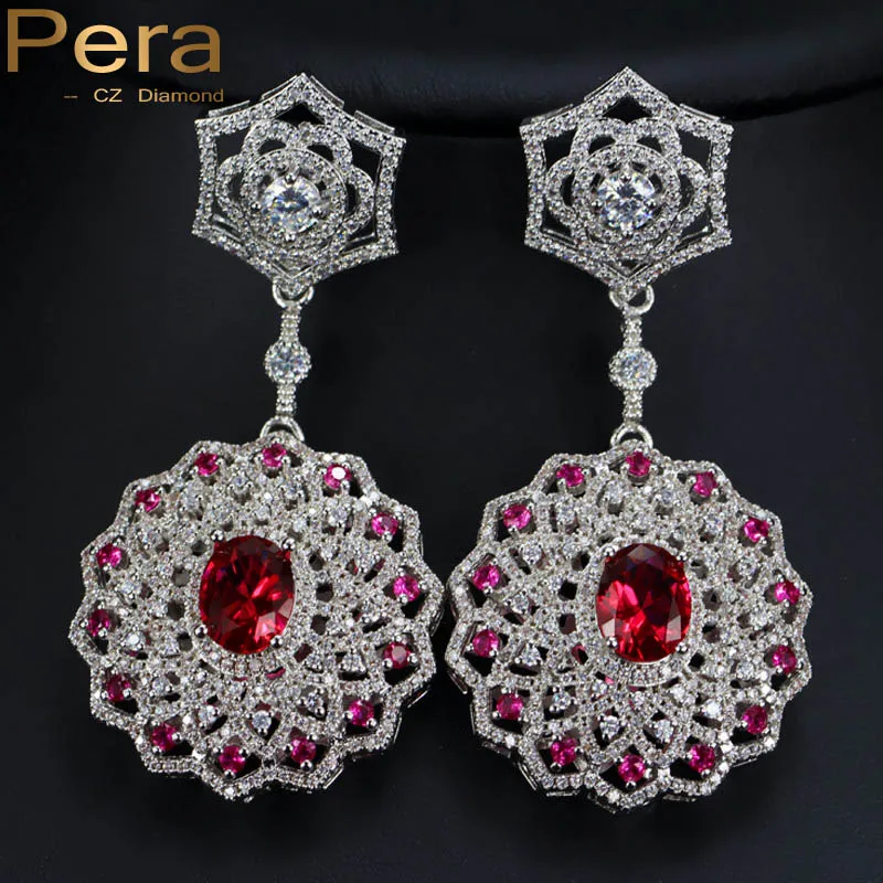 

Pera Noble India Women Party Jewelry Big Red Cubic Zirconia Stone Micro Paved Long Round Dangling Earrings For Wedding E147