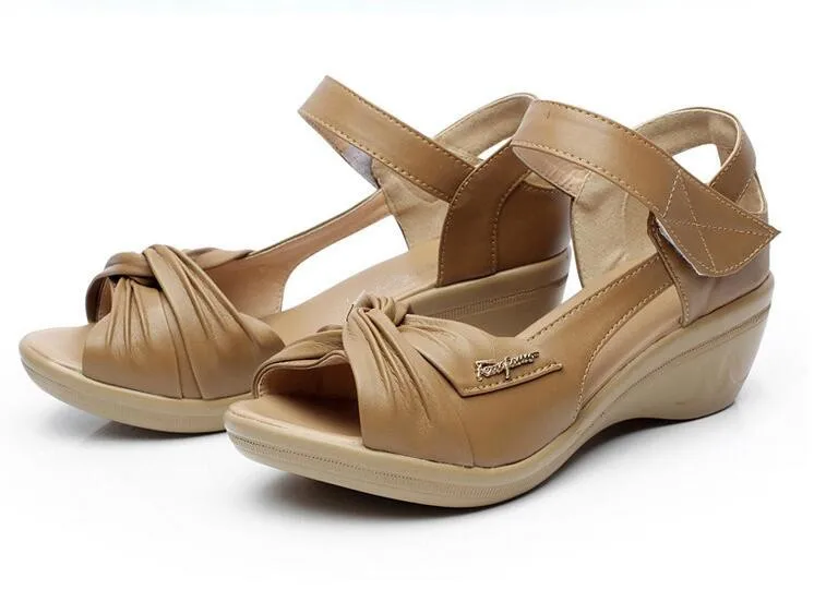 Г., удобные летние туфли-светильник женские босоножки модная обувь однотонные туфли из натуральной кожи большого размера плюс женские босоножки на танкетке - Цвет: Camel color