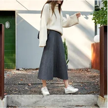 Корейские винтажные Серые Черные сплошные вязаные зимние Бохо повседневные с высокой талией трапециевидные миди длинные юбки для дам элегантные плиссированные