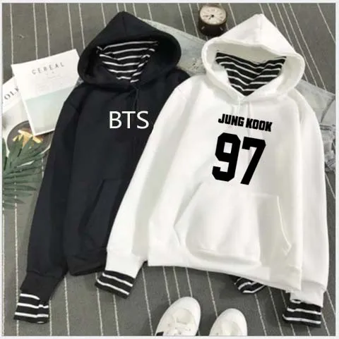 

kpop BTS Bangtan boys harajuku Striped collar loose fake two plus velvet hooded pullover hoodie female Korean student k-pop bts