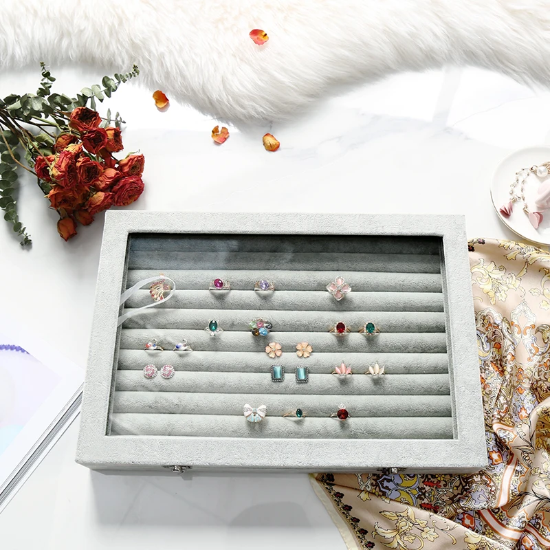 Beste ANFEI Grey Linnen Sieraden Display Case voor Hanger Ring Collectie Showcase Lade met Glazen Deksel Winkel Organisator Sieraden A255