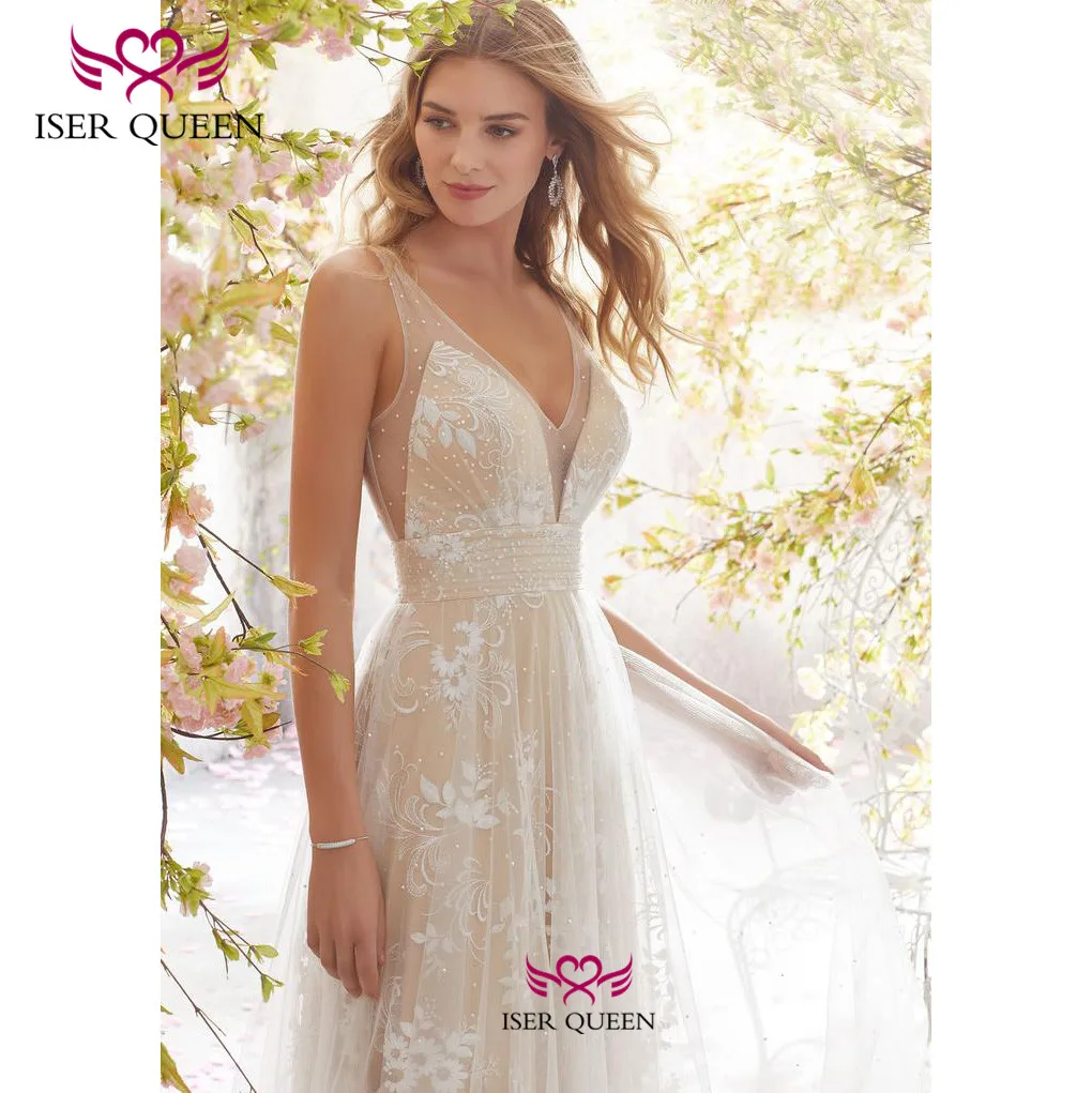 V Neckline Sleeveless Embroidered and Tulle Beach Silhouette Wedding Dress Natural Illusion Backless Свадебные платья w0503