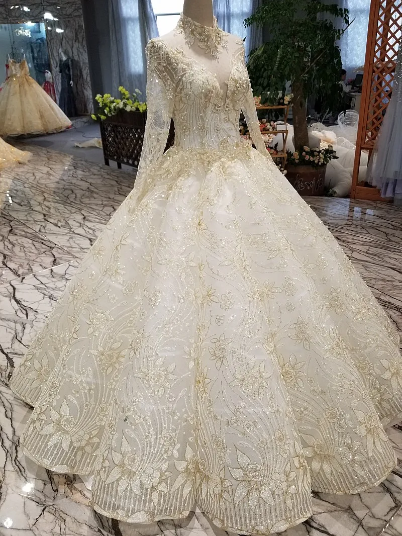 LS17740 свадебное платье с рукавамироскошные золотые кружева украшают Дубай торжественное платье с высокой горловиной Длинные рукава