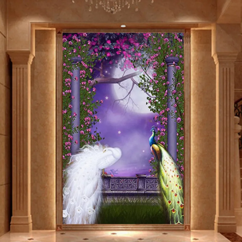 

Custom photo wallpaper Romantic Colorful peacock 3D entrance Hotel lobby decoration background wallpaper Custom murals