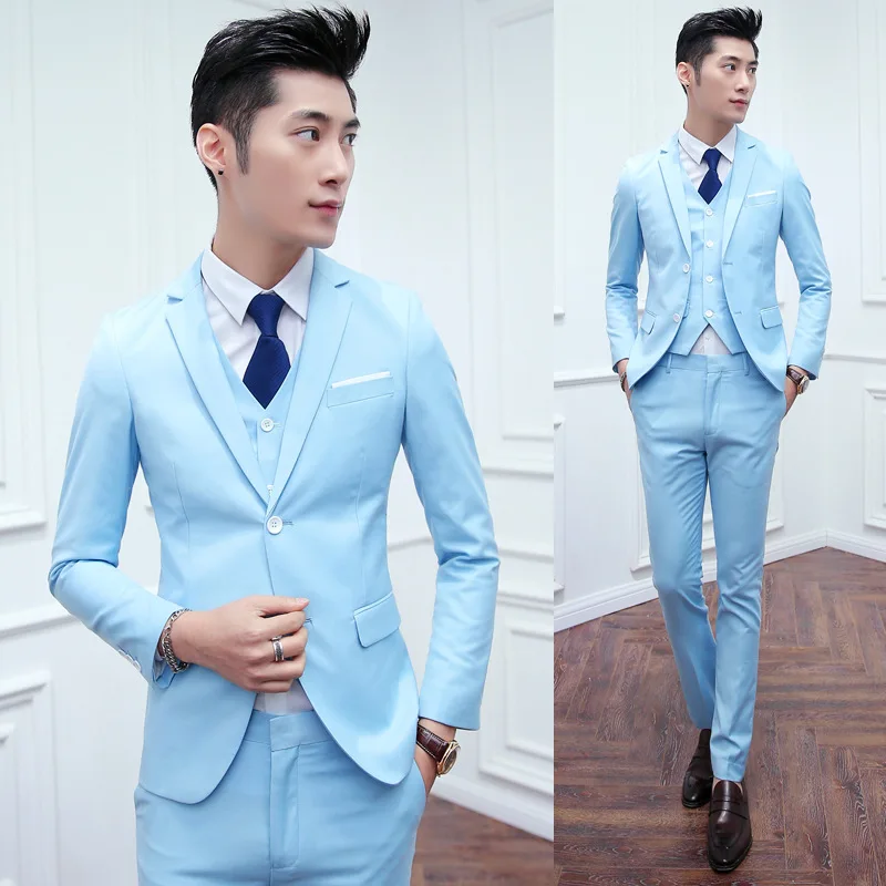 Sky Blue Slim Fit 2016 Grooms Mens Tuxedos With Pants Two Buttons ...