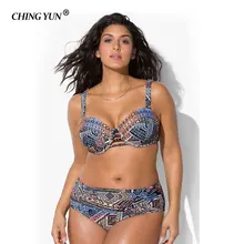 CHINGYUN Plus size push up bikini high waist vintage print swimsuit large size swimwear bikinis set retro print swimwear women large size swimwear two pieces sexy women print bikini set push up swimwear plus size mid waist beach wear swimsuit
