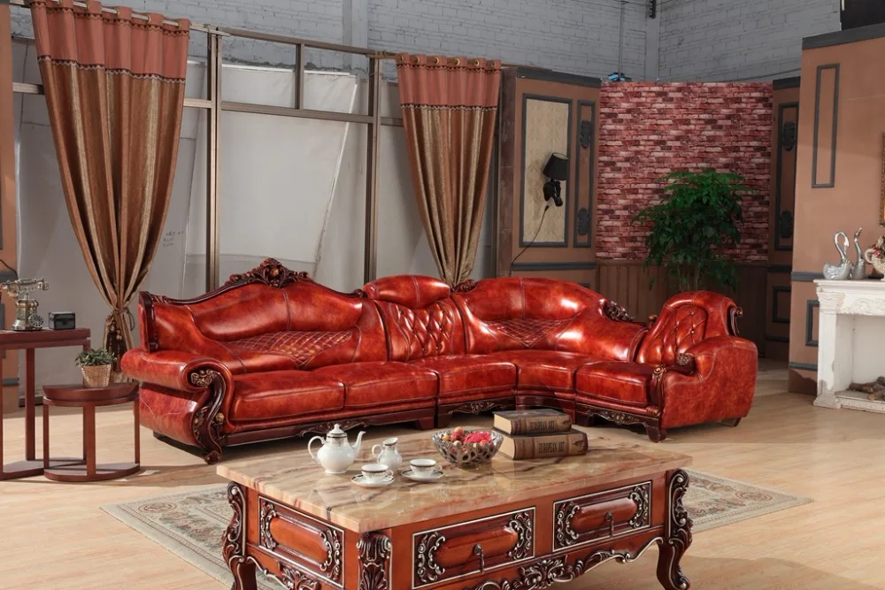 European leather sofa set living room sofa China wooden frame L shape corner sofain Living Room