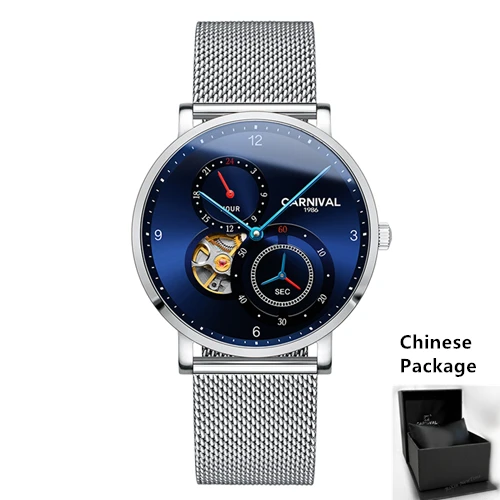 Карнавал ультратонкие tourbillon для мужчин часы лучший бренд эксклюзивные механические часы Полный сталь relogio Мужской коль saati - Цвет: Blue silver C8026C