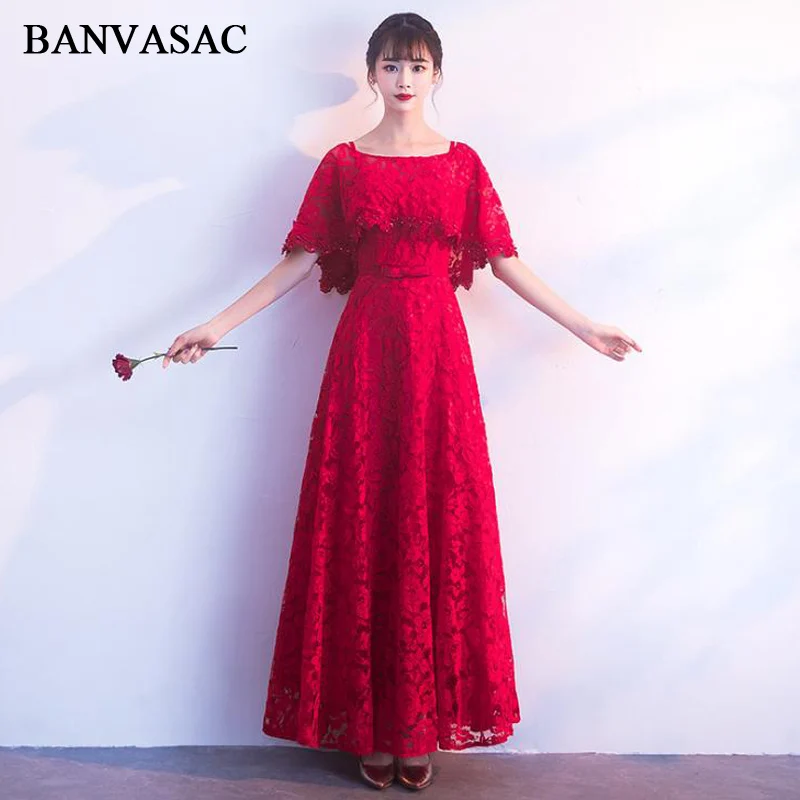 

BANVASAC 2018 O Neck Bow Sash A Line Long Evening Dresses Lace Embroidery Hollow Out Half Sleeve Party Prom Gowns