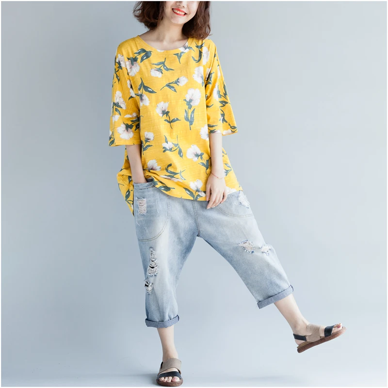 

Women blouse Shirt O Neck Half Sleeve 100% Cotton Boho Floral Print Casual Top Loose 2019 plus size Fashion beach Summer clothes