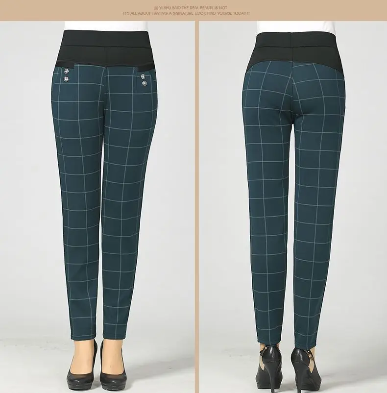 Woman Casual Pant Navy Blue Green Black Plaid Trousers Women Spring Autumn Winter Trouser High Waist Elastic Band Pantalonese Mujer  (14)