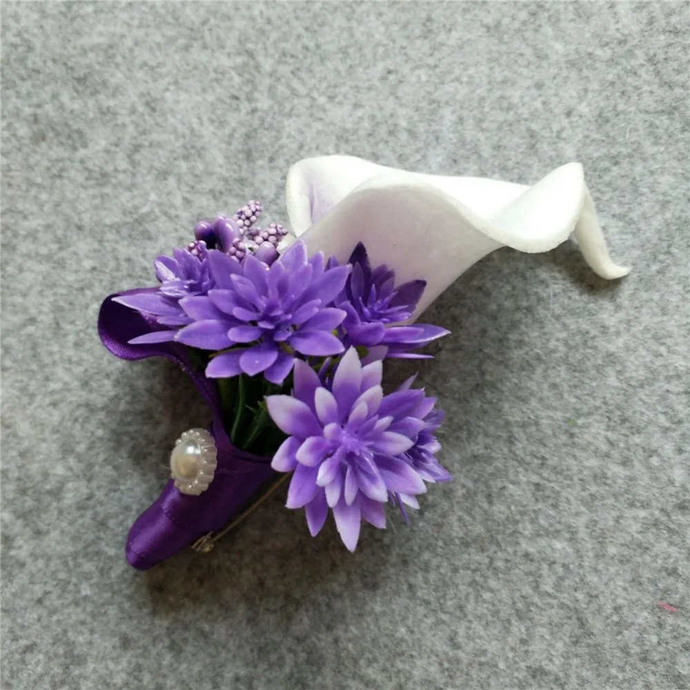 1 шт Темно-фиолетовый цветок Калла бутоньерка, жених, отец, друг, Свадебные вечерние бутоньерка для выпускного вечера брошь на булавке с отворотом свадебные цветы