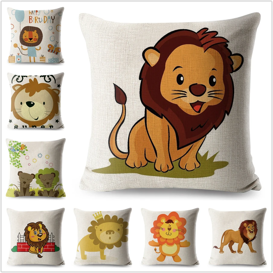 Cute Lion Pillow Case Cartoon Animals Linen 45*45 cm Square Cushion Cover for Sofa Home Decorative Printed Throw Pillowcase