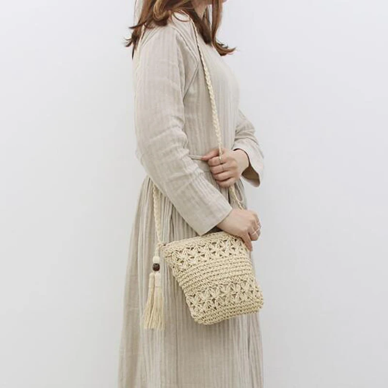 Женская летняя тканая соломенная сумка через плечо на молнии, сумка-мессенджер с цветком, соломенная сумка на плечо с кисточками, коричневая, бежевая, 2 цвета
