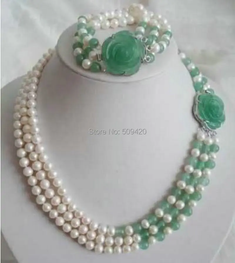 

FREE P&P W&O >>White Akoya Pearl Natural Emerald Necklace Bracelet Set 7-8mm 17-19" 7.5"Set